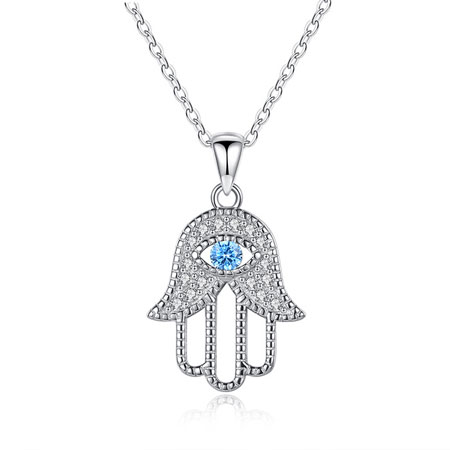 Hamsa with Evil Eye Necklace in Sterling Silver