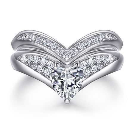 V Shaped Engagement Ring Set with Heart CZ in Sterling Silver