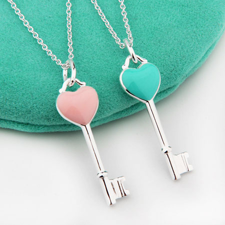 Pink Blue Enamel Sterling Silver Heart Key Pendant Necklace