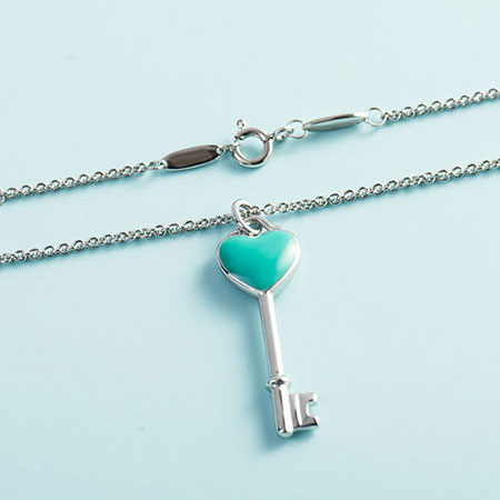 Pink Blue Enamel Sterling Silver Heart Key Pendant Necklace