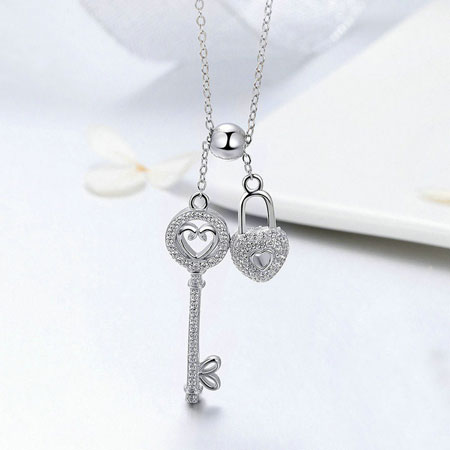 Heart Lock and Key Necklace in Sterling Silver