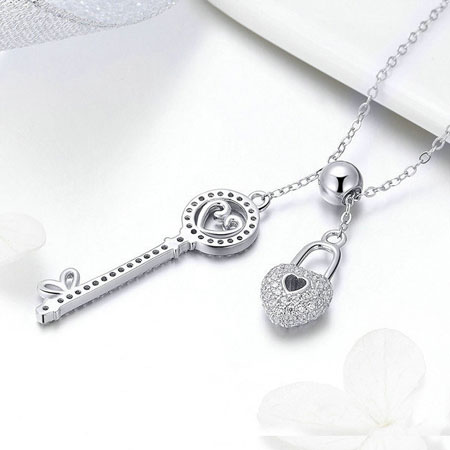 Heart Lock and Key Necklace in Sterling Silver