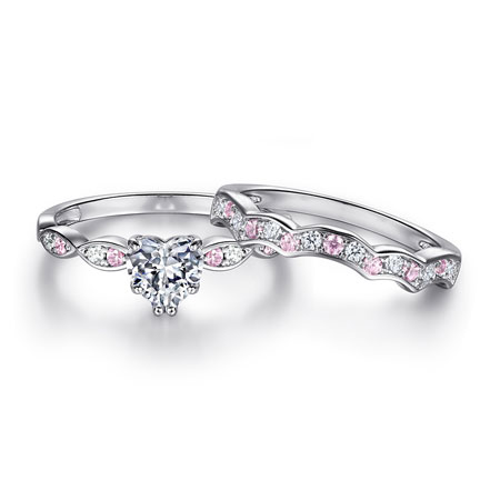 Heart Shaped Wedding Rings Bridal Set in Sterling Silver