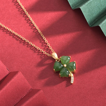 Natural Hetian Jade Four Leaf Clover Pendant Necklace Sterling Silver