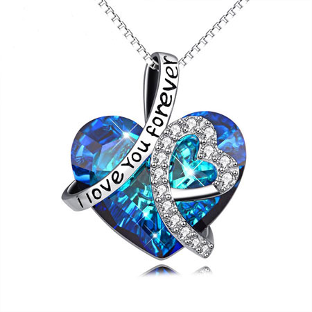 I love You Forever Necklace with Blue Heart Crystal from Swarovski Sterling Silver