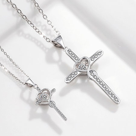 Infinity Heart Cross Necklace for Couples with Beating CZ Sterling Silver