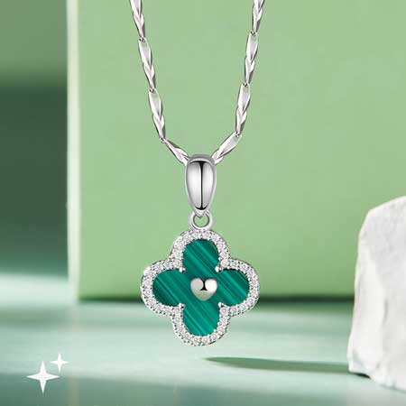 Malachite Four Leaf Clover Necklace with Heart in 999 Sterling Silver