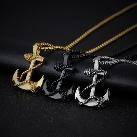 Stainless Steel Mens Anchor Pendant Chain Necklace