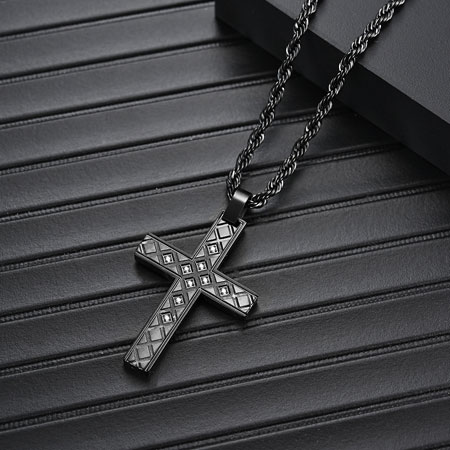 Men\'s Black Cross Necklace with CZ Diamonds Stainless Steel