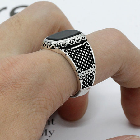 Mens Black Onyx Square Signet Ring in Sterling Silver