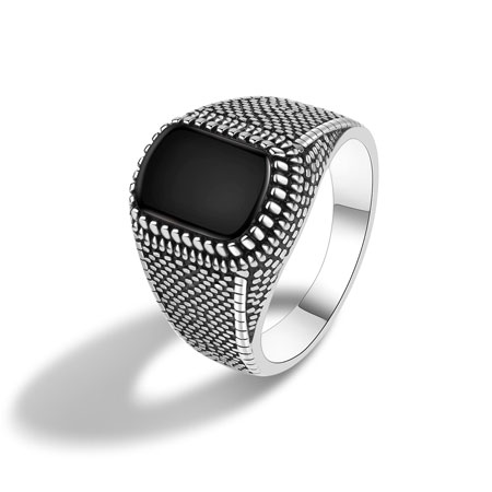 Mens Black Onyx Square Signet Ring in Sterling Silver