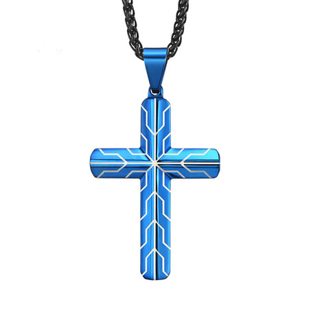 Mens Blue Cross Necklace in Stainless Steel