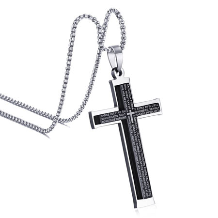 Mens Cross Necklace with Bible Verse in Stainless Steel