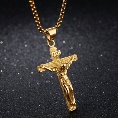20-36'' MENS Stainless Steel Gold Jesus Cross Pendant Necklace Chain 