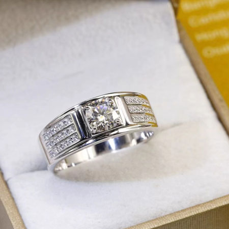 Mens Silver Wedding Ring With Moissanite CZ Diamonds
