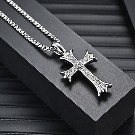 Mens Stainless Steel Cross Necklace with CZ Diamonds
