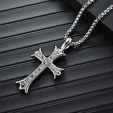 Mens Stainless Steel Cross Necklace with CZ Diamonds