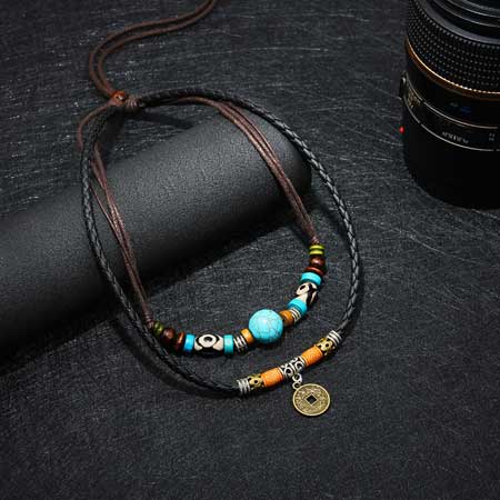 Mens Turquoise Bead Coin Necklace