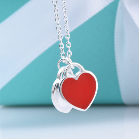 Sterling Silver Mini Double Heart Tag Pendant Blue Pink Red