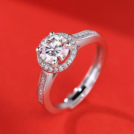 Moissanite Halo Engagement Ring in Sterling Silver
