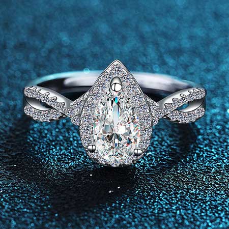 Silver Moissanite Pear Shaped Twisted Engagement Ring