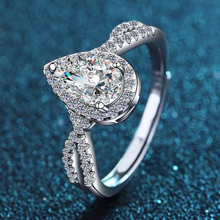 Silver Moissanite Pear Shaped Twisted Engagement Ring