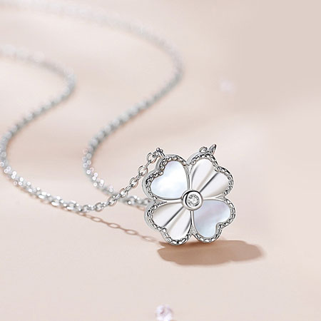 Mother of Pearl Four Leaf Clover Necklace in Sterling Silver