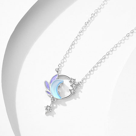 Necklace with Star and Moon Crystal in Sterling Silver