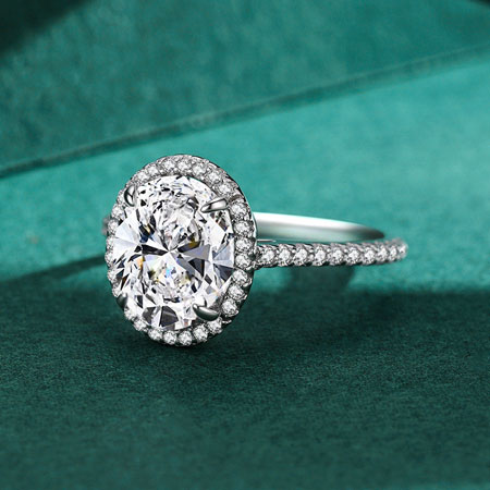 Oval Engagement Ring with Halo Cubic Zirconia in Sterling Silver