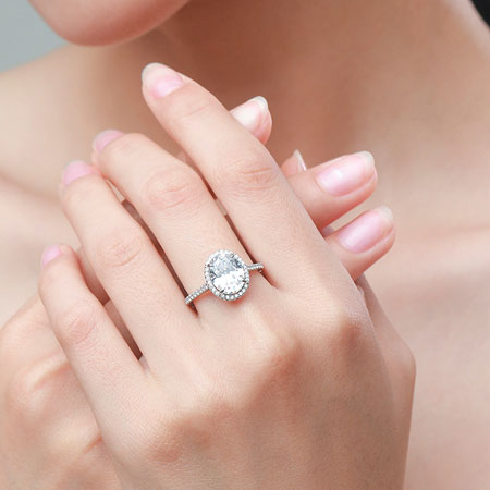 Oval Engagement Ring with Halo Cubic Zirconia in Sterling Silver