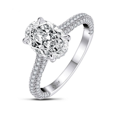 2 Carat Oval Engagement Ring with Hidden Halo 3 Sided Pave Sterling Silver