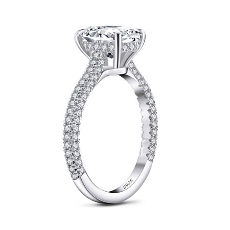 2 Carat Oval Engagement Ring with Hidden Halo 3 Sided Pave Sterling Silver