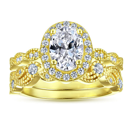 Oval Vintage Engagement Ring Set in Sterling Silver