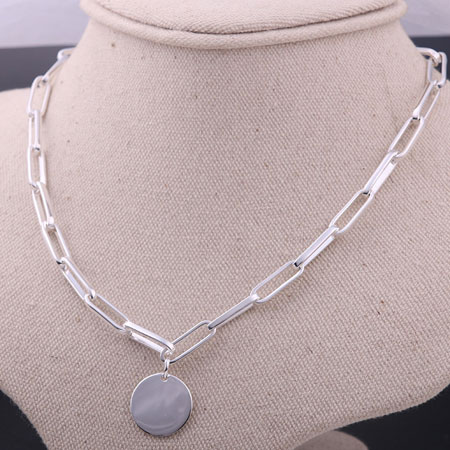 Paperclip Chain Necklace with Round Pendant Sterling Silver