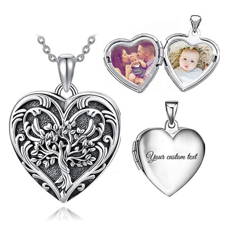 Photo Heart Locket Necklace with Life Tree in Sterling Silver