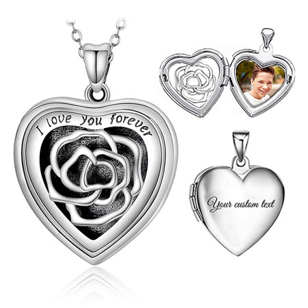 Picture Heart Locket Necklace with Openwork Rose Pattern Sterling Silver