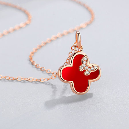 Red Onyx Four Leaf Clover Necklace Sterling Silver