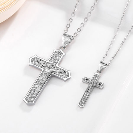 Roman Catholic Cross Necklace for Couple in Sterling Silver