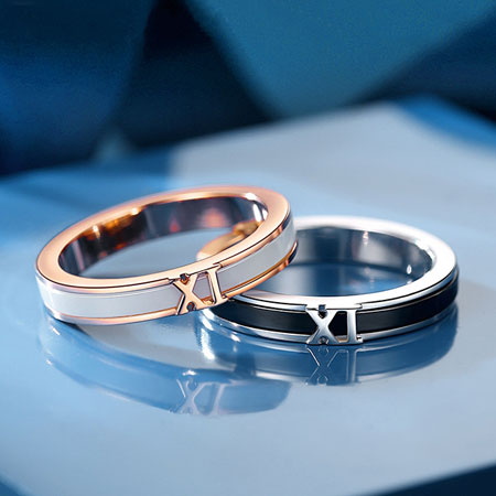 Rose Gold and Black Roman Letter IX Couple Rings in Sterling Silver