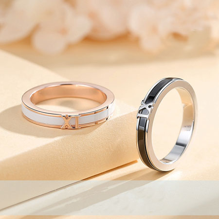 Rose Gold and Black Roman Letter IX Couple Rings in Sterling Silver