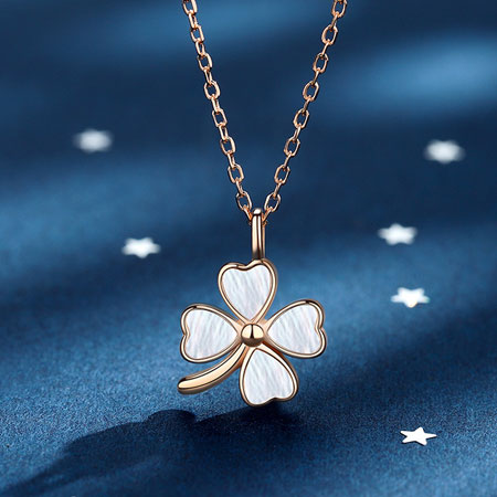 Rose Gold Small Four Leaf Clover Shell Necklace in Sterling Silver
