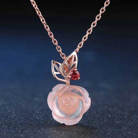 Natural Rose Quartz Crystal Pendant Necklace with Garnet Sterling Silver