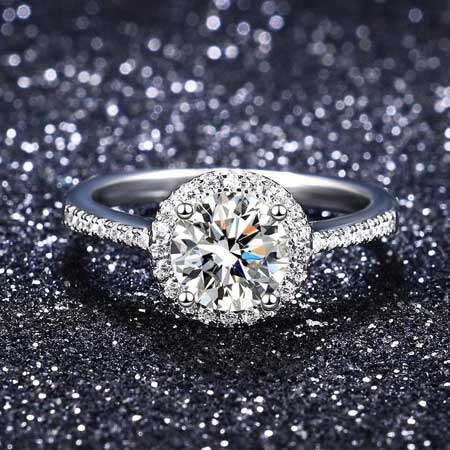 Sterling Silver Round Moissanite Halo Engagement Ring