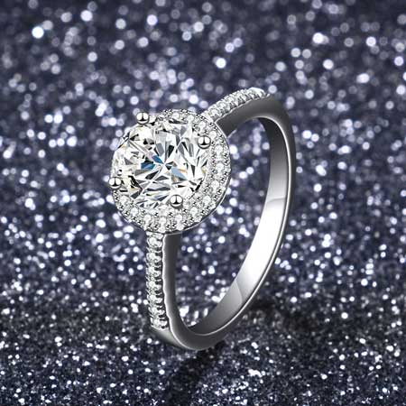 Sterling Silver Round Moissanite Halo Engagement Ring