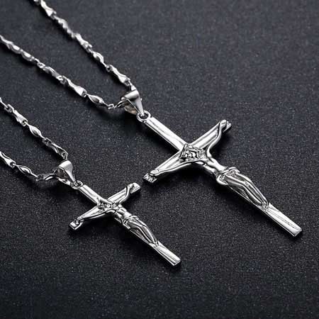 Sterling Silver Cross Necklace with Jesus On It for Couple