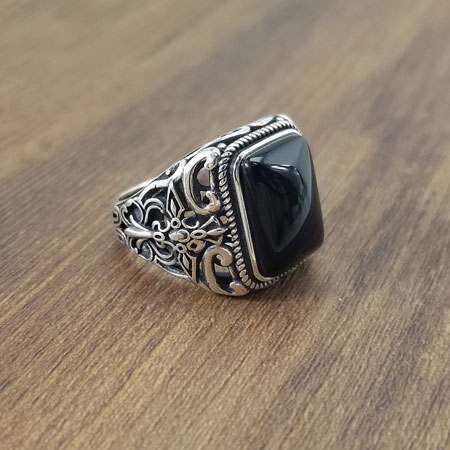 Square Black Stone Ring in Sterling Silver