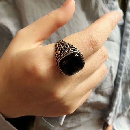 Square Black Stone Ring in Sterling Silver