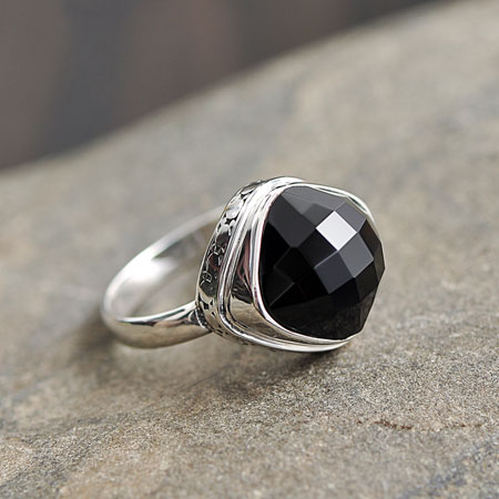 Square Womens Faceted Black Onyx Ring in Sterling Silver