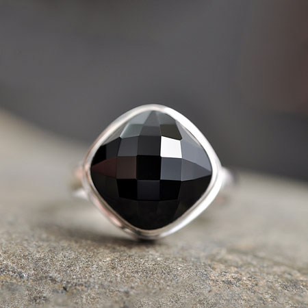 Square Womens Faceted Black Onyx Ring in Sterling Silver
