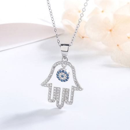 Sterling Silver Hamsa and Evil Eye Necklace